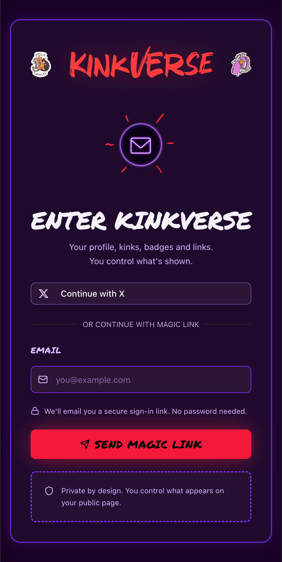 Écran de connexion KinkVerse : continuer avec X ou recevoir un lien magique par e-mail, sans mot de passe.